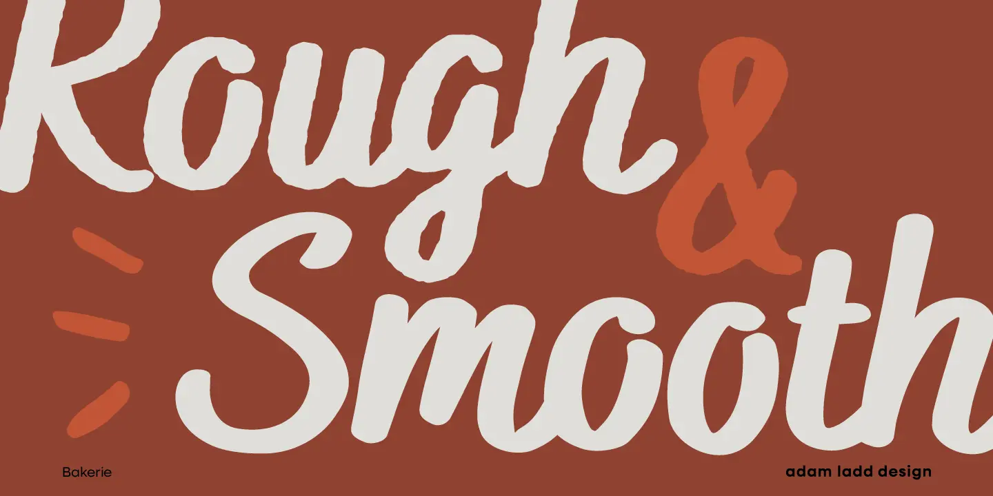 Bakerie Rough font by Adam Ladd Design — the words “Rough” and “Smooth” in a connected script, with an ampersand between them, and three short orange dashes to the left of “Smooth”