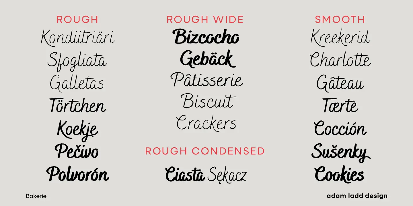 Bakerie Rough font by Adam Ladd Design — three columns of italic connected script words in varying weights and widths, with red upright sans serif labels ROUGH, ROUGH WIDE, ROUGH CONDENSED, and SMOOTH.