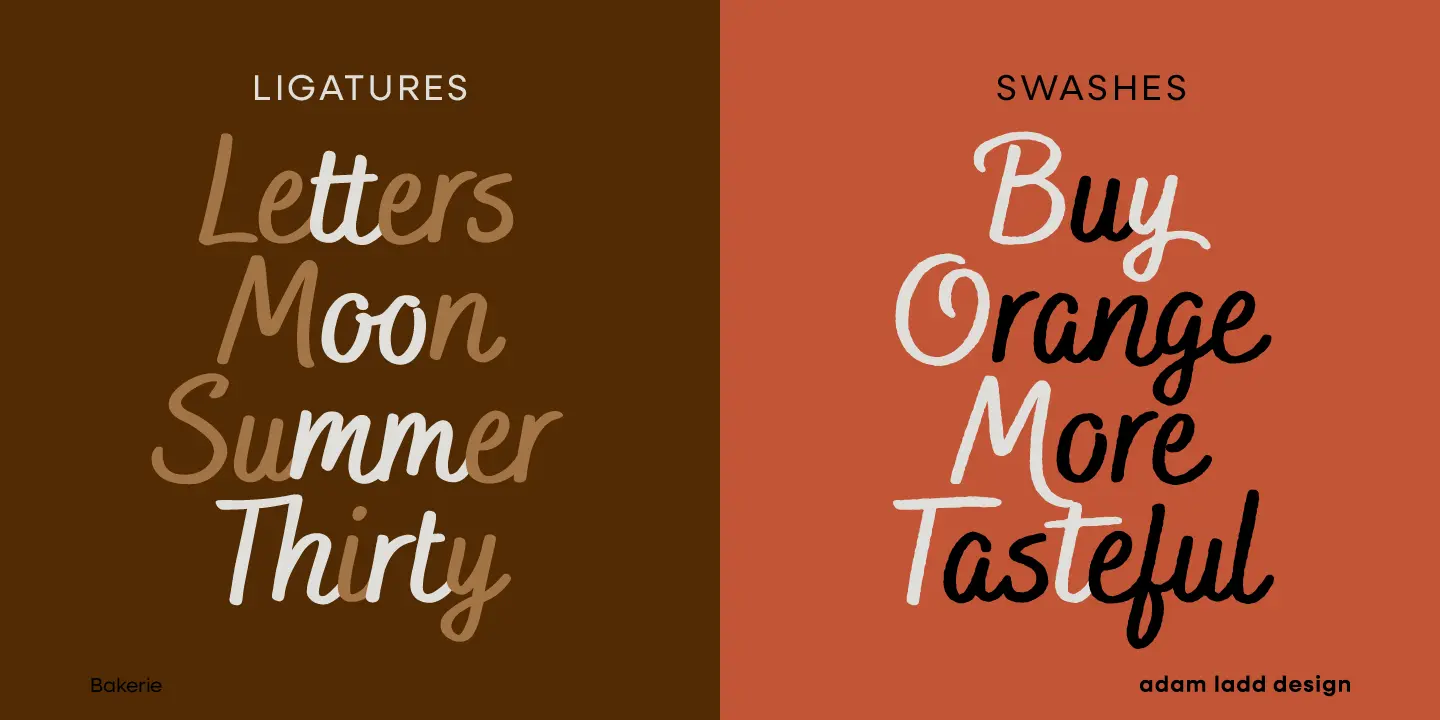 Bakerie Smooth font by Adam Ladd Design — the words “LIGATURES” and “Letters Moon Summer Thirty” in a connected script, and “SWASHES” and “Buy Orange More Tasteful” also in a connected script, with varying letter colors.