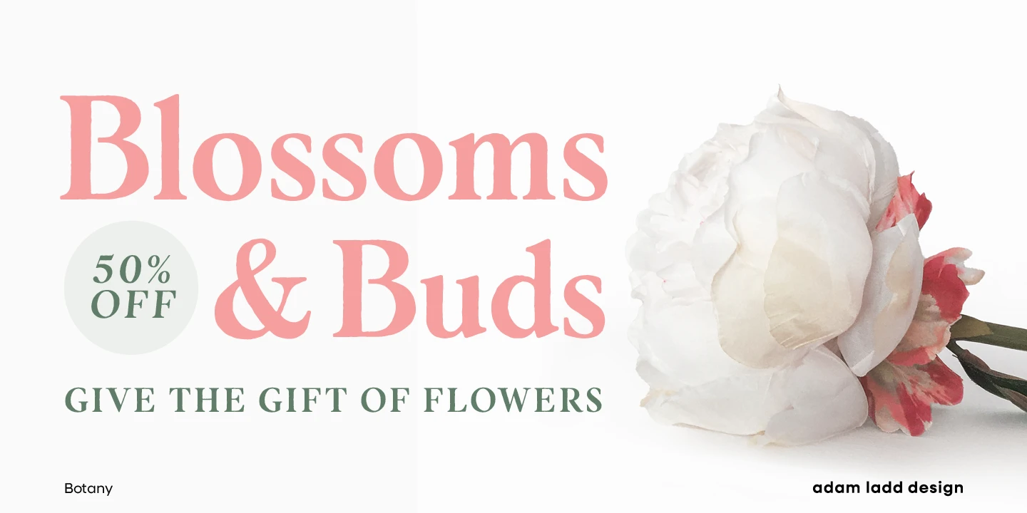 Botany font by Adam Ladd Design — the words “Blossoms & Buds” in large pink serif letters, with “50% OFF” in a green circle, and “GIVE THE GIFT OF FLOWERS” below, next to a white and pink flower.