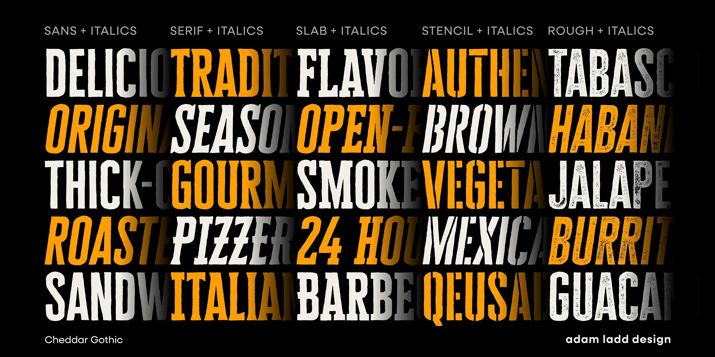 Cheddar Gothic font by Adam Ladd Design — a grid of words in five columns, each column showing a different style of rough-hewn upright and italic sans, serif, slab, stencil, and distressed lettering in alternating orange and white.