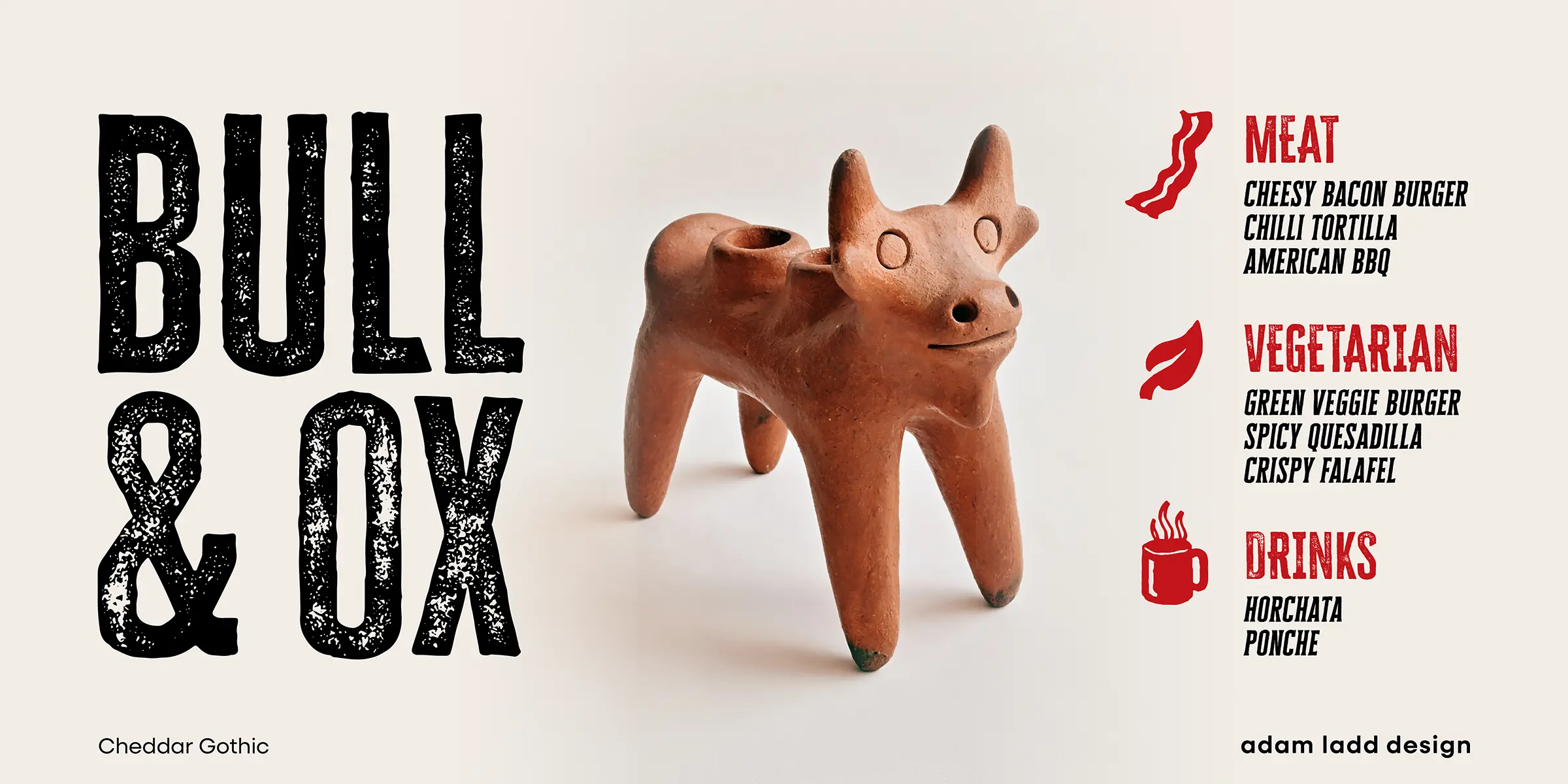 Cheddar Gothic font by Adam Ladd Design — the rough-textured upright sans serif letters B, U, L, L, ampersand, O, and X, with a ceramic bull figurine and a menu of food and drink items with icons for meat, vegetarian, and drinks