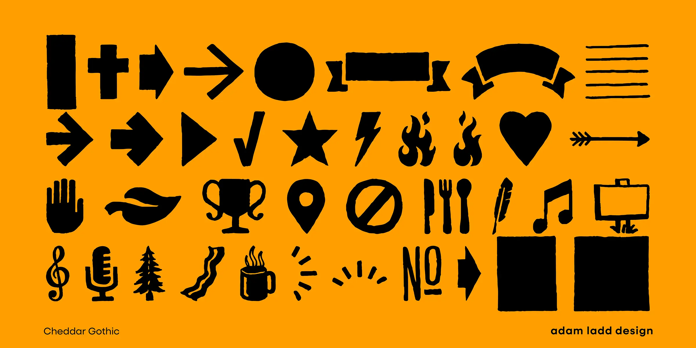 Cheddar Gothic font by Adam Ladd Design — a grid of black hand-drawn icons, including arrows, a heart, a coffee cup, and a microphone, with the word “NO” and a right arrow.