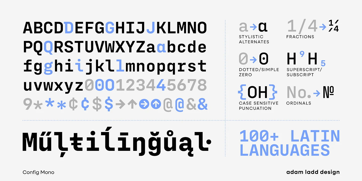 Config Mono font by Adam Ladd Design — a sans serif character set in black and blue, with uppercase and lowercase letters, numbers, and symbols, plus examples of stylistic alternates, fractions, superscript/subscript, and ordinals
