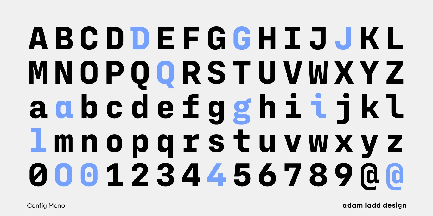 Config Mono font by Adam Ladd Design — a grid of upright sans serif capital letters A through Z, lowercase letters a through z, and numerals 0 through 9, with some characters highlighted in light blue, plus an ampersand and at sign.