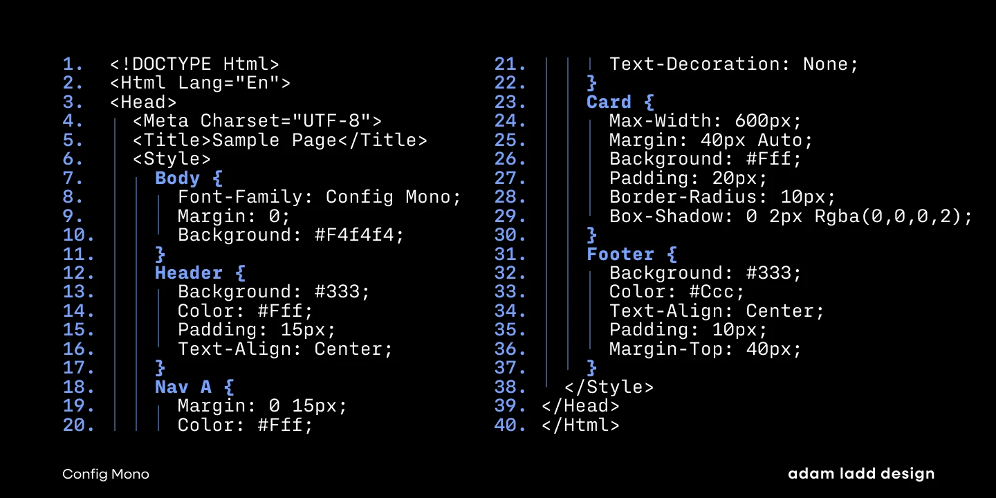 Config Mono font by Adam Ladd Design — a code editor display with numbered lines of HTML and CSS code in a sans serif monospace font