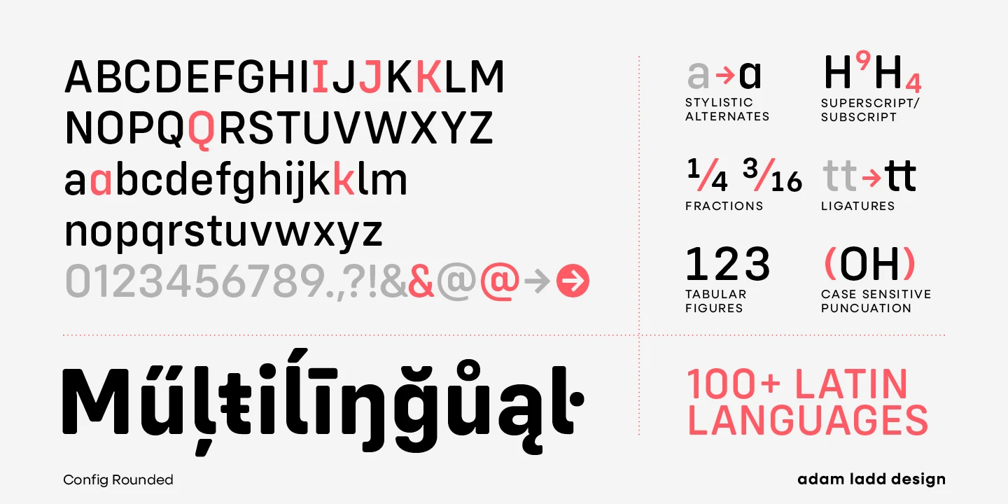 Config Rounded font by Adam Ladd Design — a grid of black and red rounded sans-serif letters, numbers, and symbols, including the word “Multilingual” and the phrase “100+ Latin Languages”