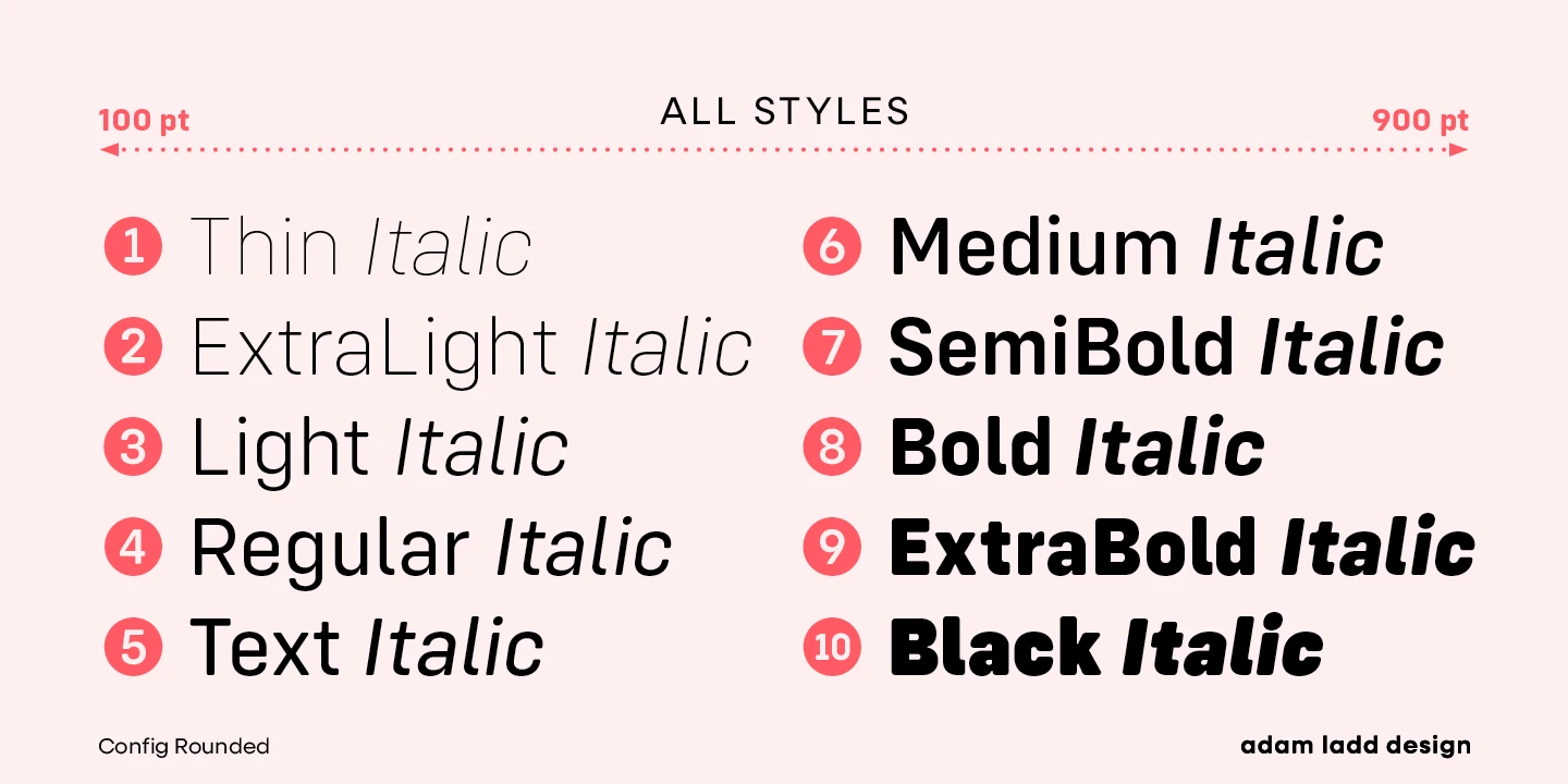 Config Rounded font by Adam Ladd Design — the words “ALL STYLES” above a dotted line with “100 pt” and “900 pt” at either end, and below, a list of ten italic sans-serif styles, numbered 1 through 10 in red circles, ranging from thin to black.