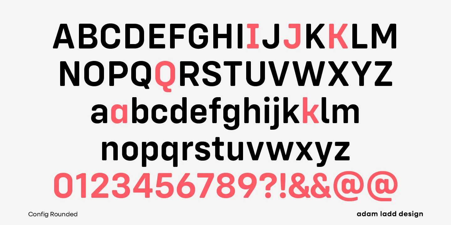 Config Rounded font by Adam Ladd Design — the upright sans-serif alphabet in black, with some letters in red, and red numerals and symbols.