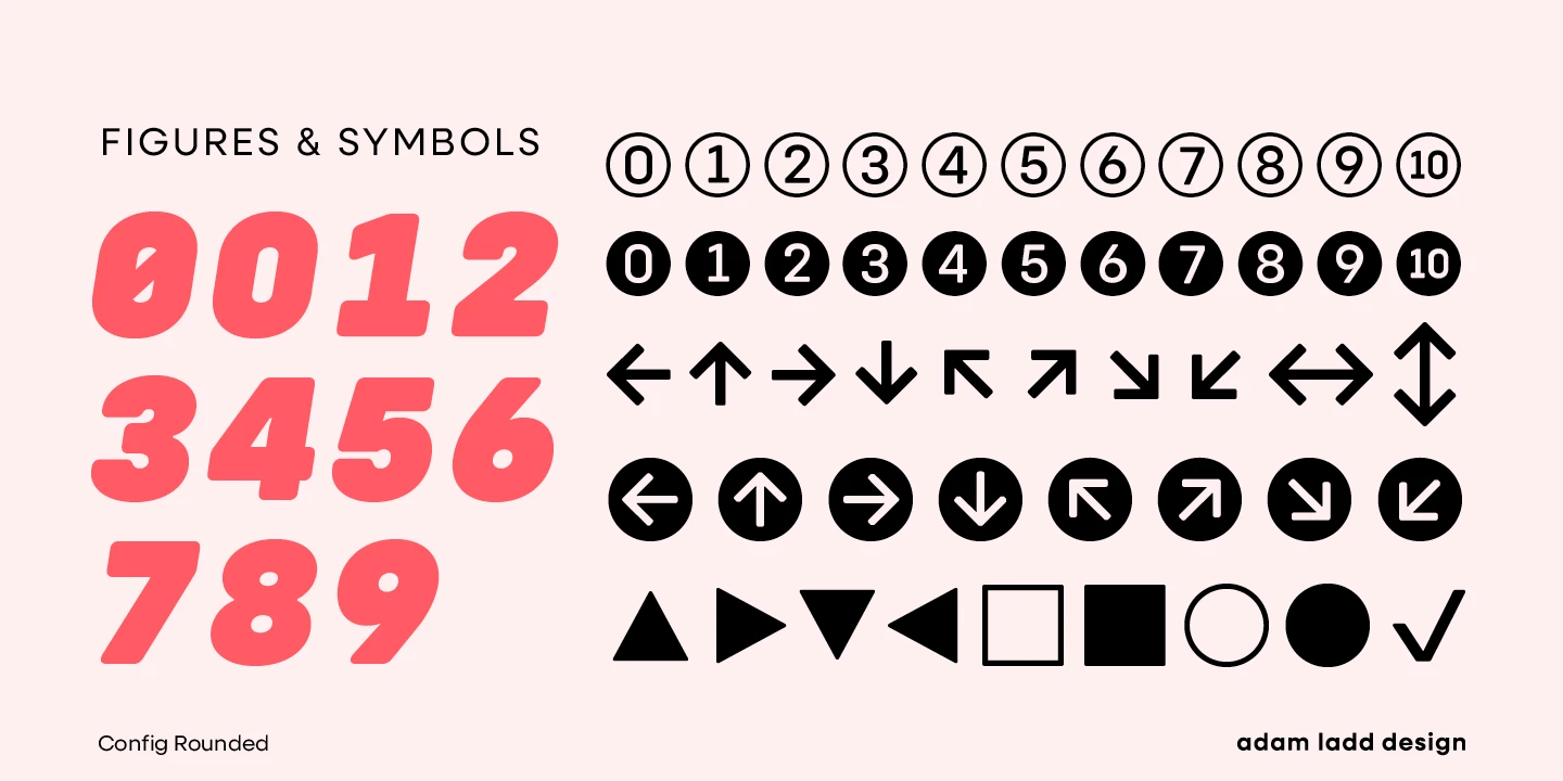 Config Rounded font by Adam Ladd Design — the words “FIGURES & SYMBOLS” and “Config Rounded” in upright sans-serif, large red italic sans-serif numbers 0 through 9, and a grid of black arrows and geometric shapes.