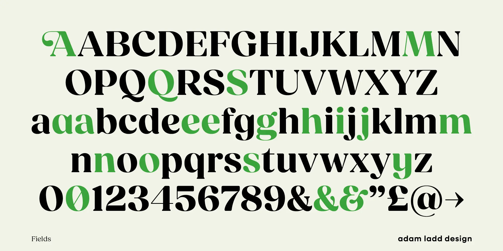 Fields font by Adam Ladd Design — a full upright serif alphabet in black and green, with numbers and symbols, including a green capital A with a flourish, a green capital Q with a tail, and a green ampersand.