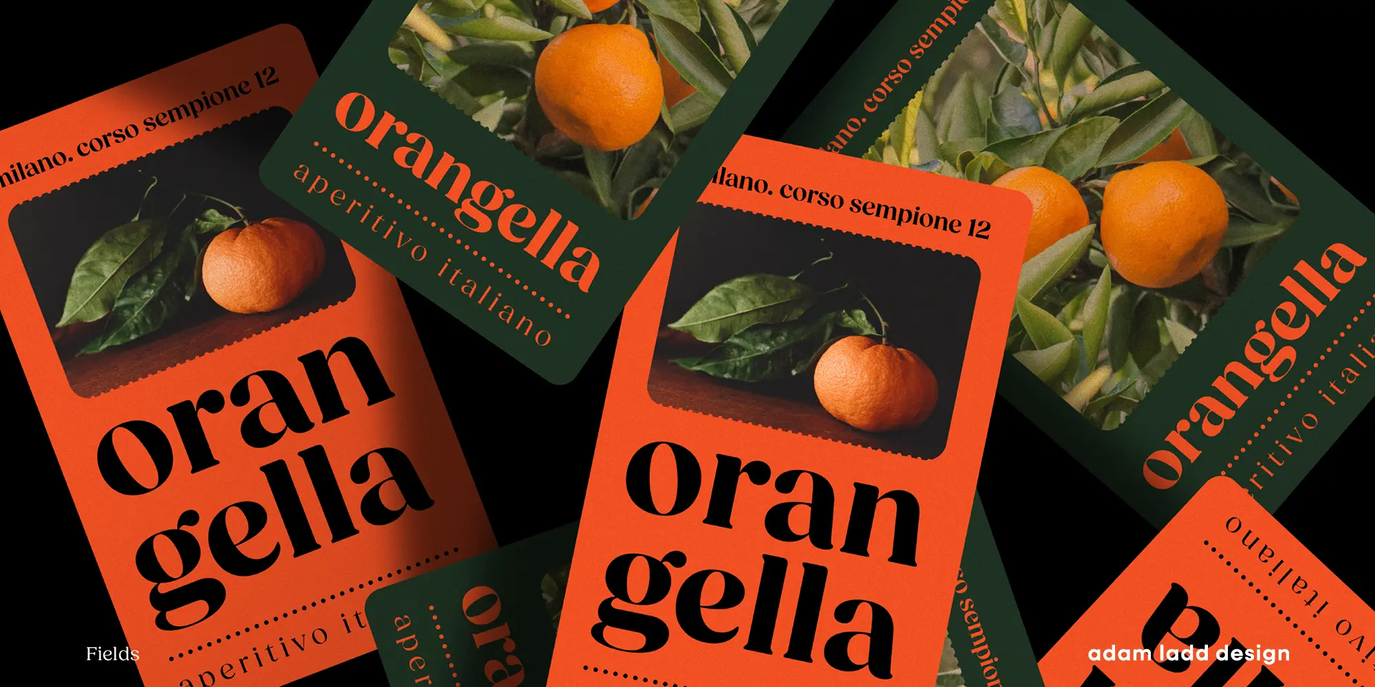Fields font by Adam Ladd Design — multiple orange and dark green rectangular cards with rounded corners, some showing an orange on a branch, and the words “orangella” and “aperitivo italiano” in upright serif letters