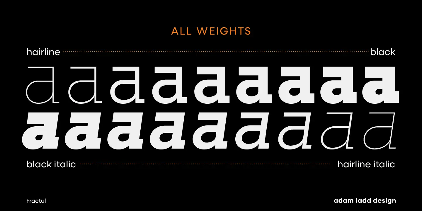 Fractul Alt font by Adam Ladd Design — the word “ALL WEIGHTS” above a grid of lowercase letter ‘a’ in upright and italic sans-serif styles, ranging from hairline to black weights.