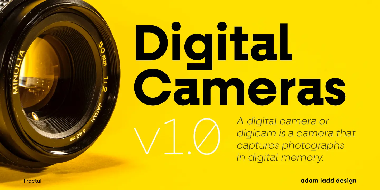 Fractul Alt font by Adam Ladd Design — a camera lens with the words “Digital Cameras” in a bold sans serif, “v1.0” with a slashed zero, and a paragraph of italic sans serif text.