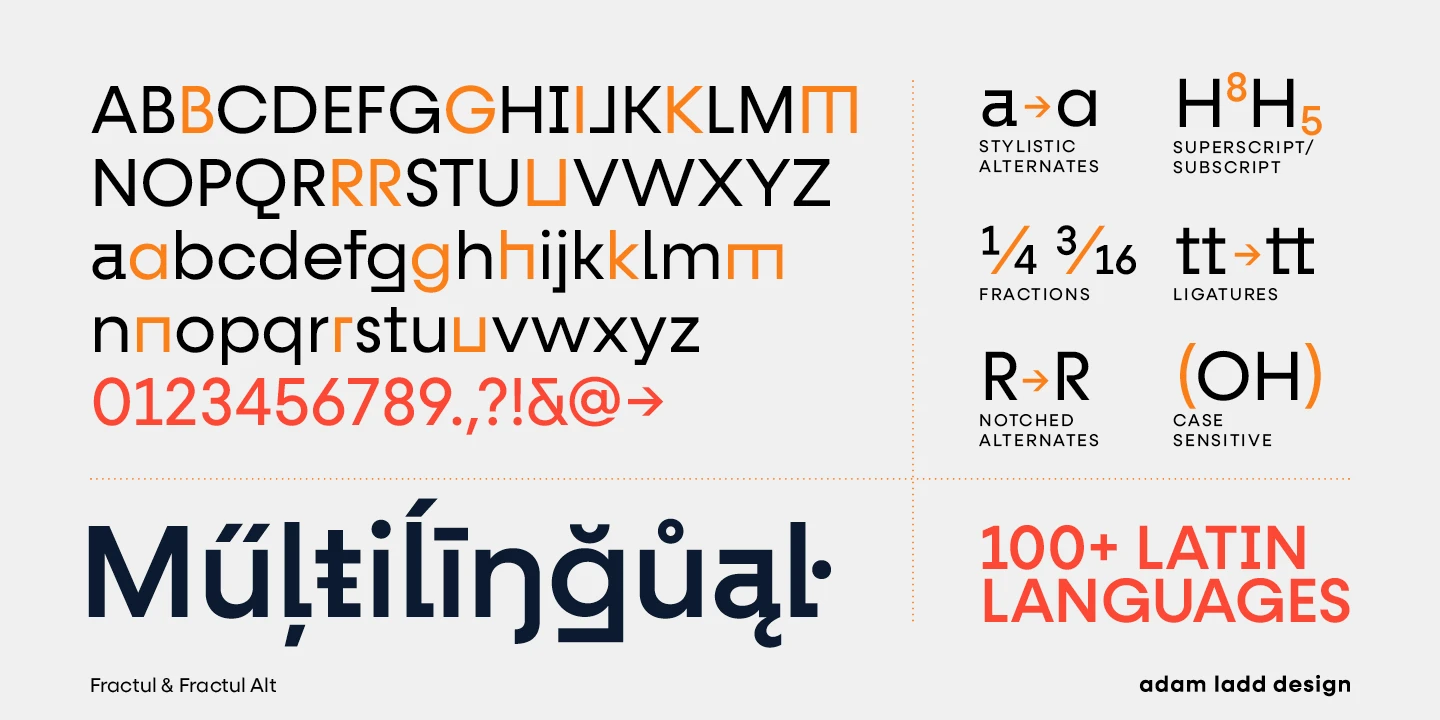 Fractul font by Adam Ladd Design — a specimen of upright sans serif letterforms, showing uppercase, lowercase, numbers, and symbols, with some characters highlighted in orange, and a section demonstrating OpenType features and language support.