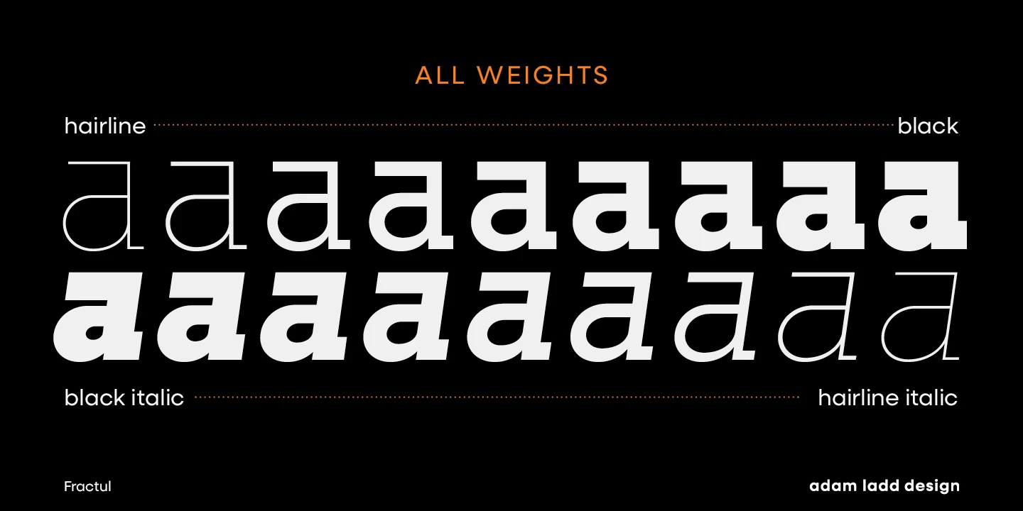 Fractul font by Adam Ladd Design — the word “ALL WEIGHTS” above two rows of the lowercase letter ‘a’ in various sans-serif weights and styles, from hairline to black, and upright to italic