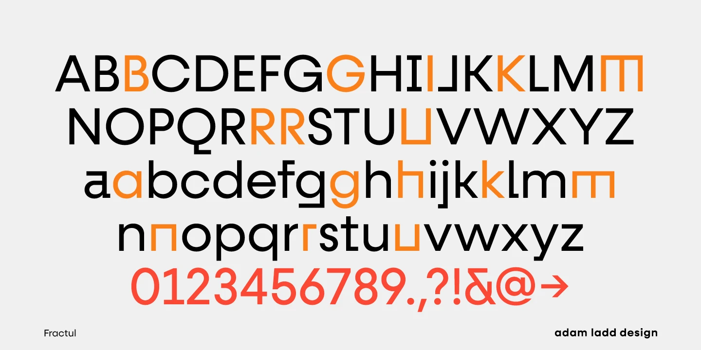 Fractul font by Adam Ladd Design — uppercase and lowercase sans serif letters in black and orange, with red numbers and symbols below
