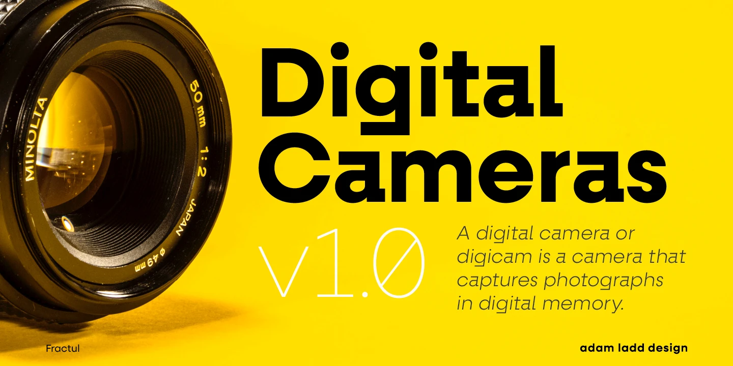 Fractul font by Adam Ladd Design — a camera lens with the words “Digital Cameras” in a bold sans serif, “v1.0” with a slashed zero, and a paragraph of text in a lighter sans serif.