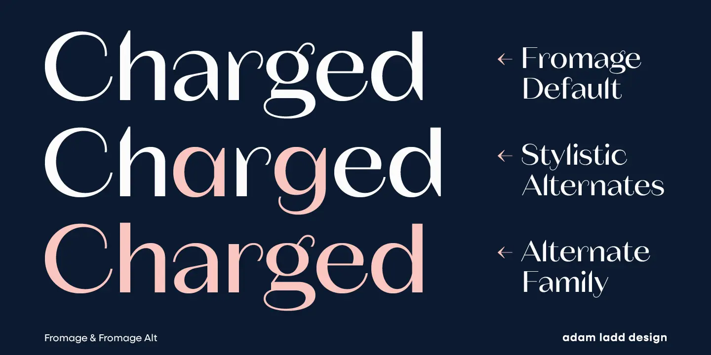 Fromage Alt font by Adam Ladd Design — the word “Charged” repeated three times, showing variations in letterforms and color, with descriptive text and arrows to the right.