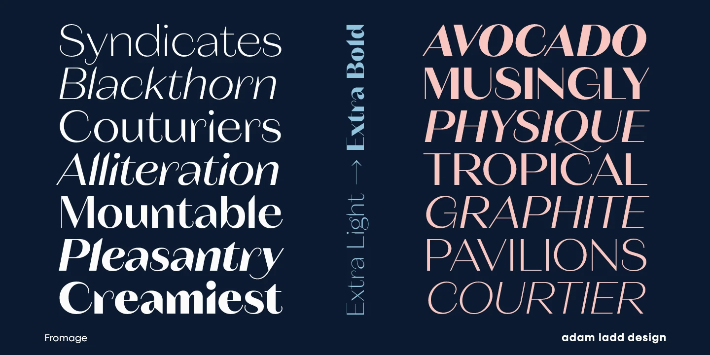 Fromage font by Adam Ladd Design — the words “Syndicates,” “Blackthorn,” “Couturiers,” “Alliteration,” “Mountable,” “Pleasantry,” and “Creamiest” in upright sans serif, and “Avocado,” “Musingly,” “Physique,” “Tropical,” “Graphite,” “Pavilions,” and “Courtier” in italic sans serif, with a vertical scale from “Extra Light” to “Extra Bold” between them