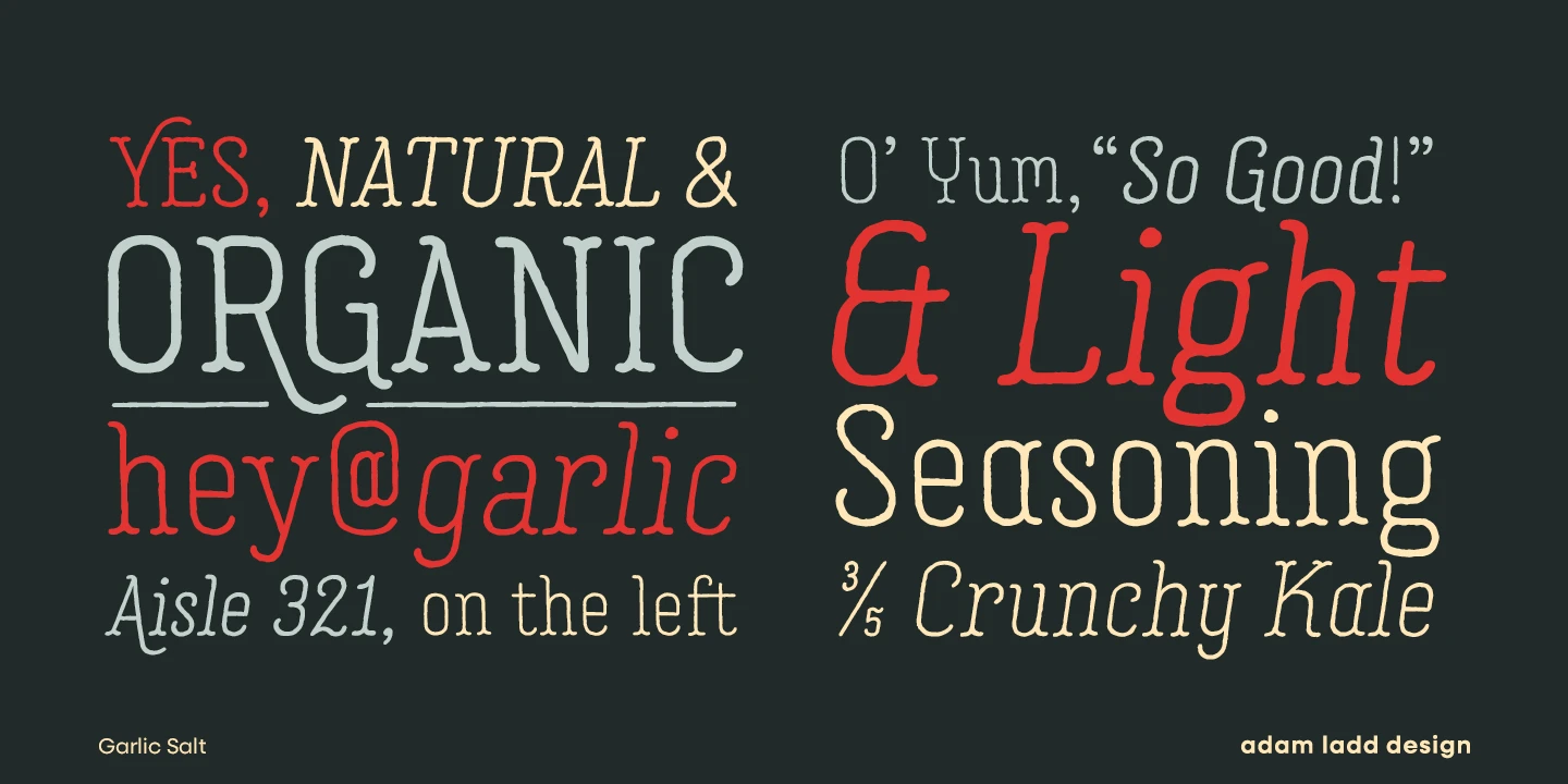 Garlic Salt font by Adam Ladd Design — the words YES, NATURAL & ORGANIC, hey@garlic, Aisle 321, on the left, O’ Yum, “So Good!” & Light Seasoning, and Crunchy Kale, in a mix of upright and italic serif letterforms with a hand-drawn texture