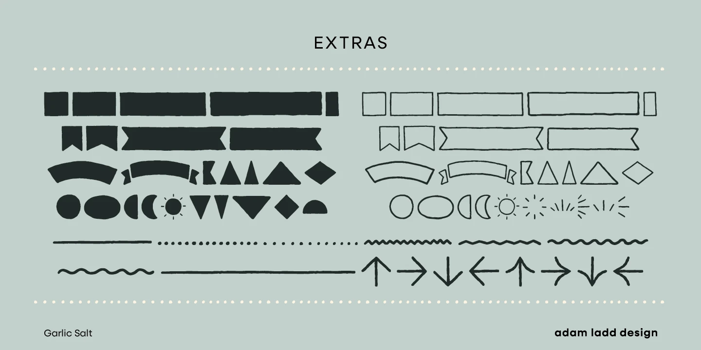 Garlic Salt font by Adam Ladd Design — the word “EXTRAS” above a grid of hand-drawn solid and outline shapes including banners, circles, moons, suns, triangles, diamonds, wavy lines, dotted lines, and arrows