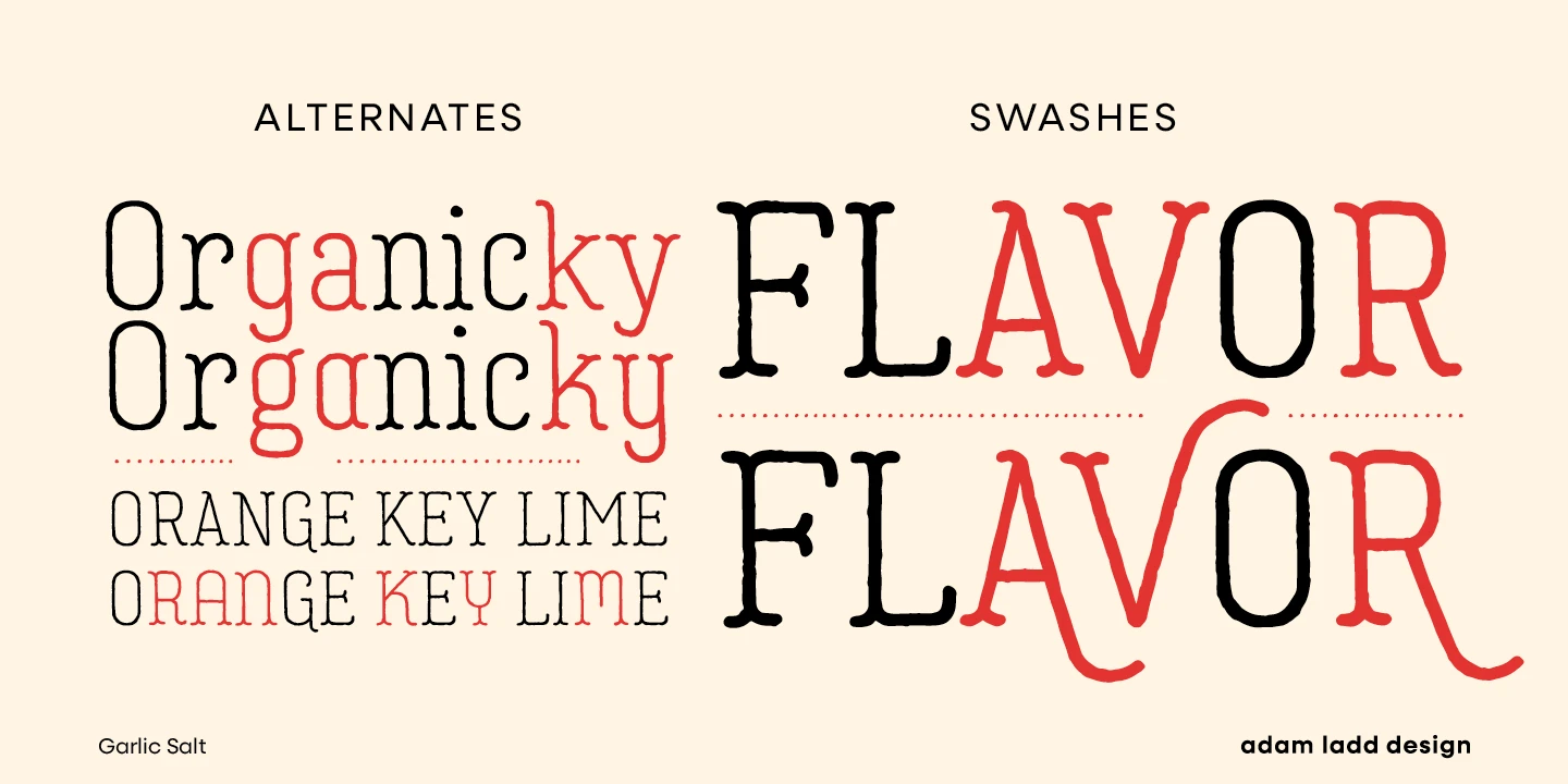 Garlic Salt font by Adam Ladd Design — the words “ALTERNATES” and “SWASHES” above examples of serif letterforms in black and red, some with swashes
