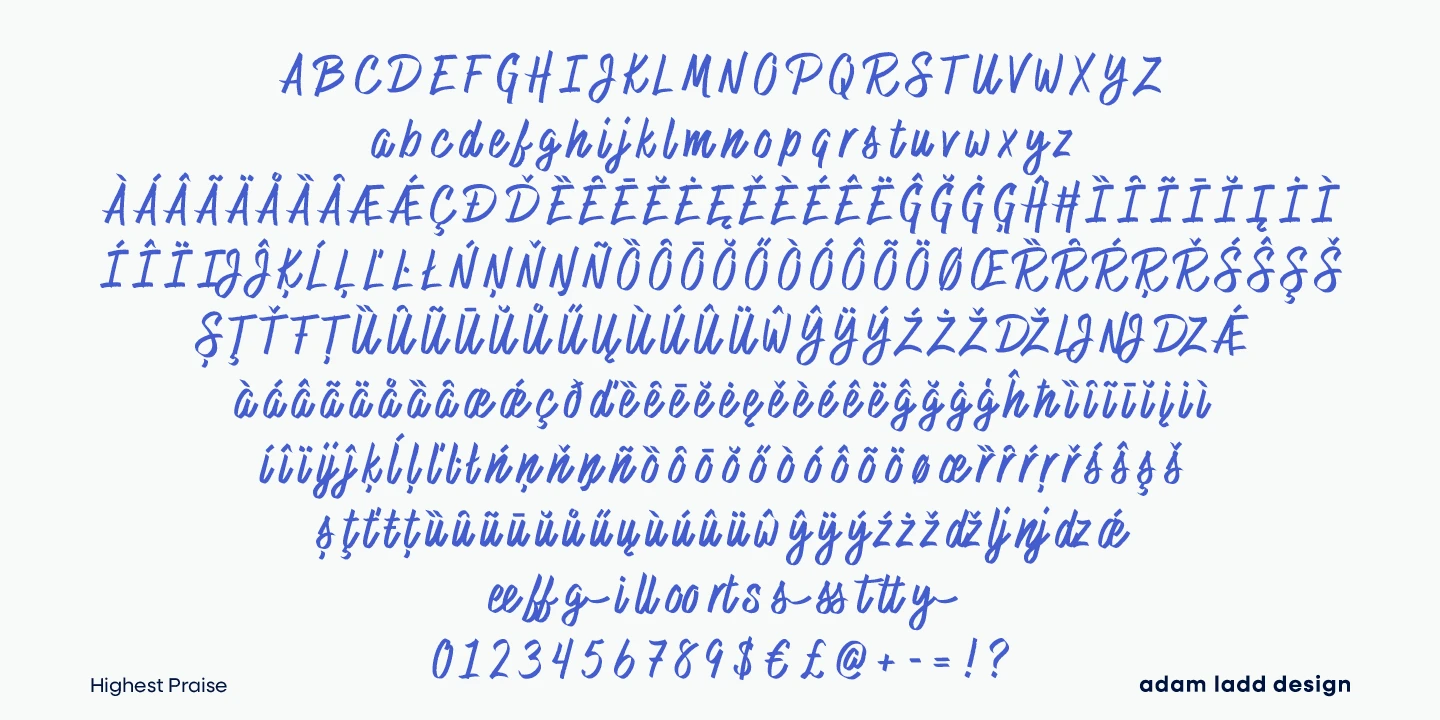 Highest Praise font by Adam Ladd Design — a complete character set in an upright, connected brush script, including uppercase, lowercase, diacritics, numbers, and symbols