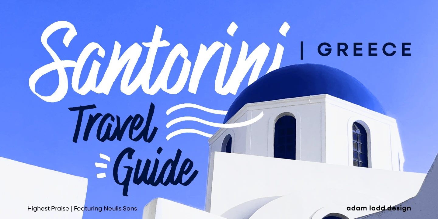 Highest Praise font by Adam Ladd Design — the words “Santorini” in a white connected script, “Travel Guide” in a dark blue connected script, and “GREECE” in dark blue upright sans-serif capitals, with three wavy lines and three short lines as decorative elements.