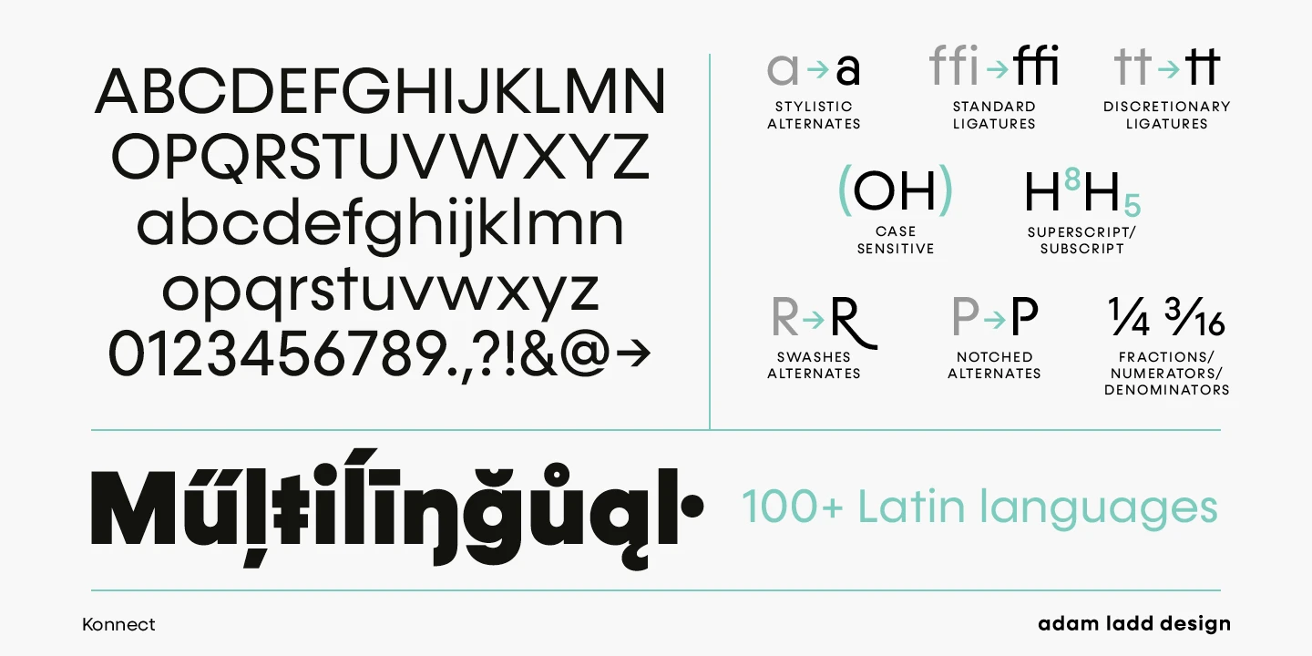 Konnect font by Adam Ladd Design — a specimen showing uppercase and lowercase alphabets, numerals, and symbols, with examples of stylistic alternates, ligatures, case sensitive forms, superscript/subscript, swashes, notched alternates, and fractions, plus the word “Multilingual” and the phrase “100+ Latin languages”