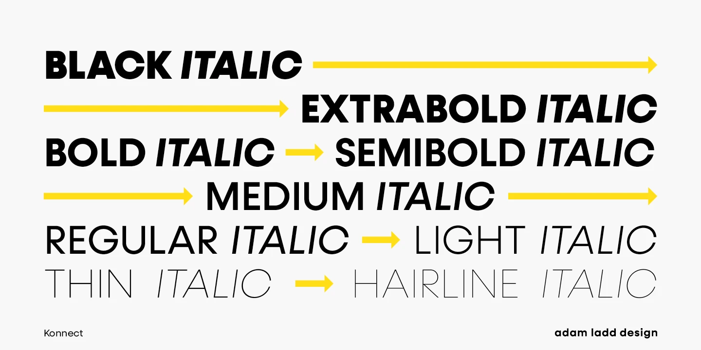 Konnect font by Adam Ladd Design — the words “BLACK ITALIC”, “EXTRABOLD ITALIC”, “BOLD ITALIC”, “SEMIBOLD ITALIC”, “MEDIUM ITALIC”, “REGULAR ITALIC”, “LIGHT ITALIC”, “THIN ITALIC”, and “HAIRLINE ITALIC” in a sans serif font, with yellow arrows pointing from heavier to lighter weights.
