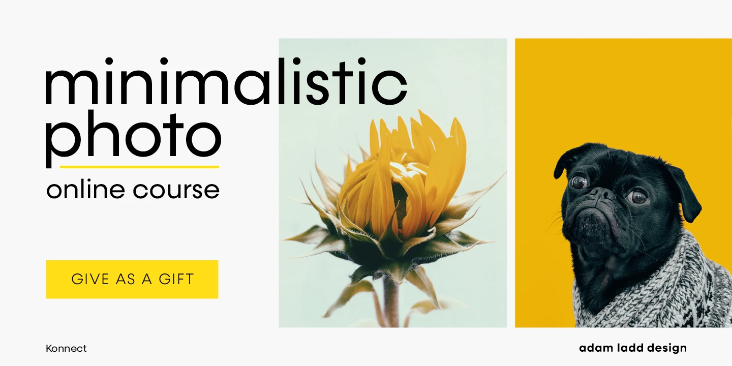 Konnect font by Adam Ladd Design — the words “minimalistic photo online course” with a yellow underline, a yellow flower, and a black pug in a sweater.