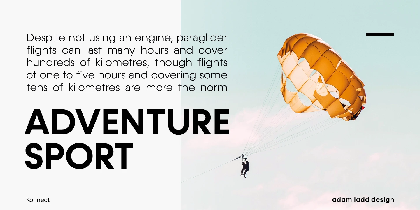 Konnect font by Adam Ladd Design — a paraglider with an orange canopy in a pale blue sky, with the words “ADVENTURE SPORT” in large sans-serif capitals and a paragraph of text in a smaller sans-serif font.