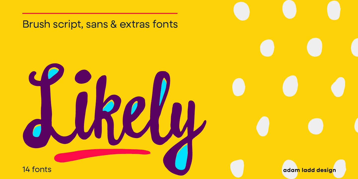 Likely font by Adam Ladd Design — the word “Likely” in a connected brush script with blue counters, a red underline, and the words “Brush script, sans & extras fonts” and “14 fonts” in an upright sans, with a pattern of white irregular ovals on the right
