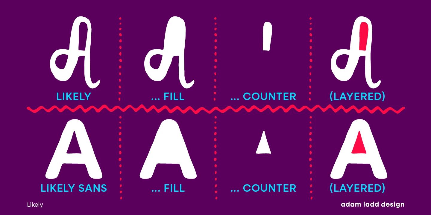 Likely font by Adam Ladd Design — a grid showing the letter A in a white script and a white sans-serif, with variations for fill, counter, and layered effects, separated by dotted lines and a wavy horizontal line