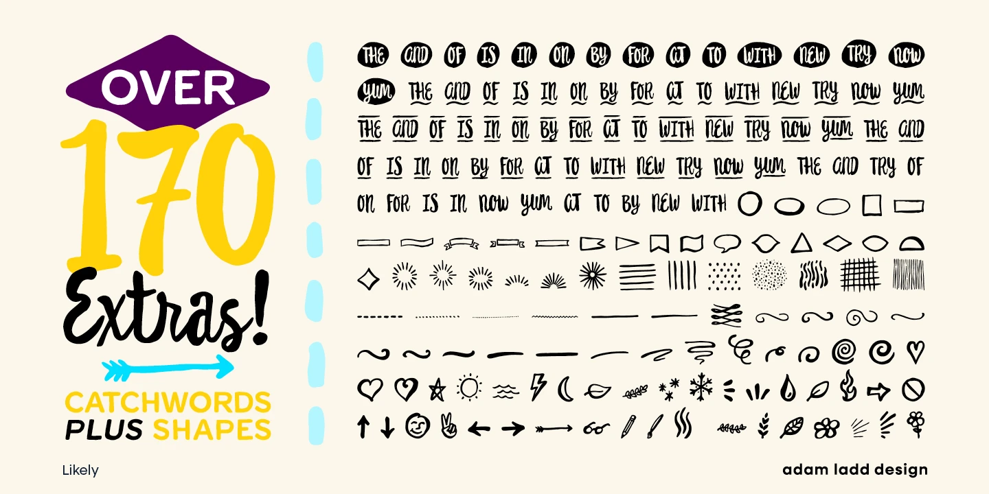 Likely font by Adam Ladd Design — the words “OVER 170 Extras!” and “CATCHWORDS PLUS SHAPES” next to a grid of hand-drawn catchwords and icons including hearts, stars, suns, and arrows.