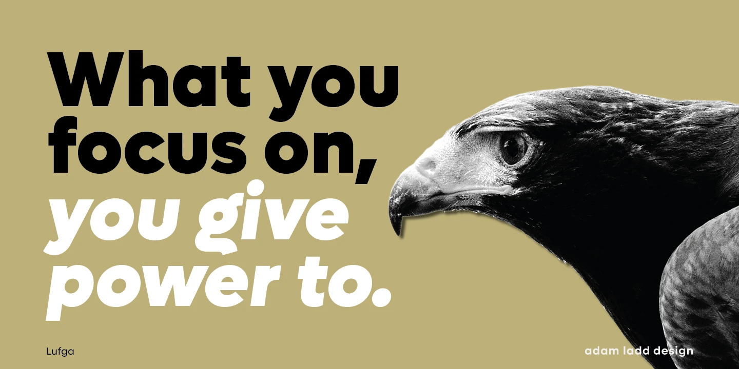 Lufga font by Adam Ladd Design — the words “What you focus on,” in black upright sans serif letters and “you give power to.” in white italic sans serif letters, next to a black and white image of an eagle’s head.