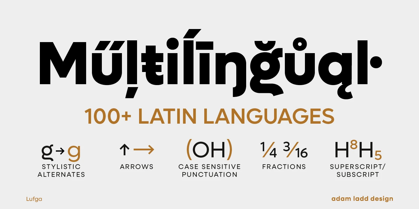 Lufga font by Adam Ladd Design — the word “Multilingual” in a bold sans serif, with “100+ Latin Languages” below it, and five icons demonstrating typographic features like stylistic alternates, arrows, and fractions