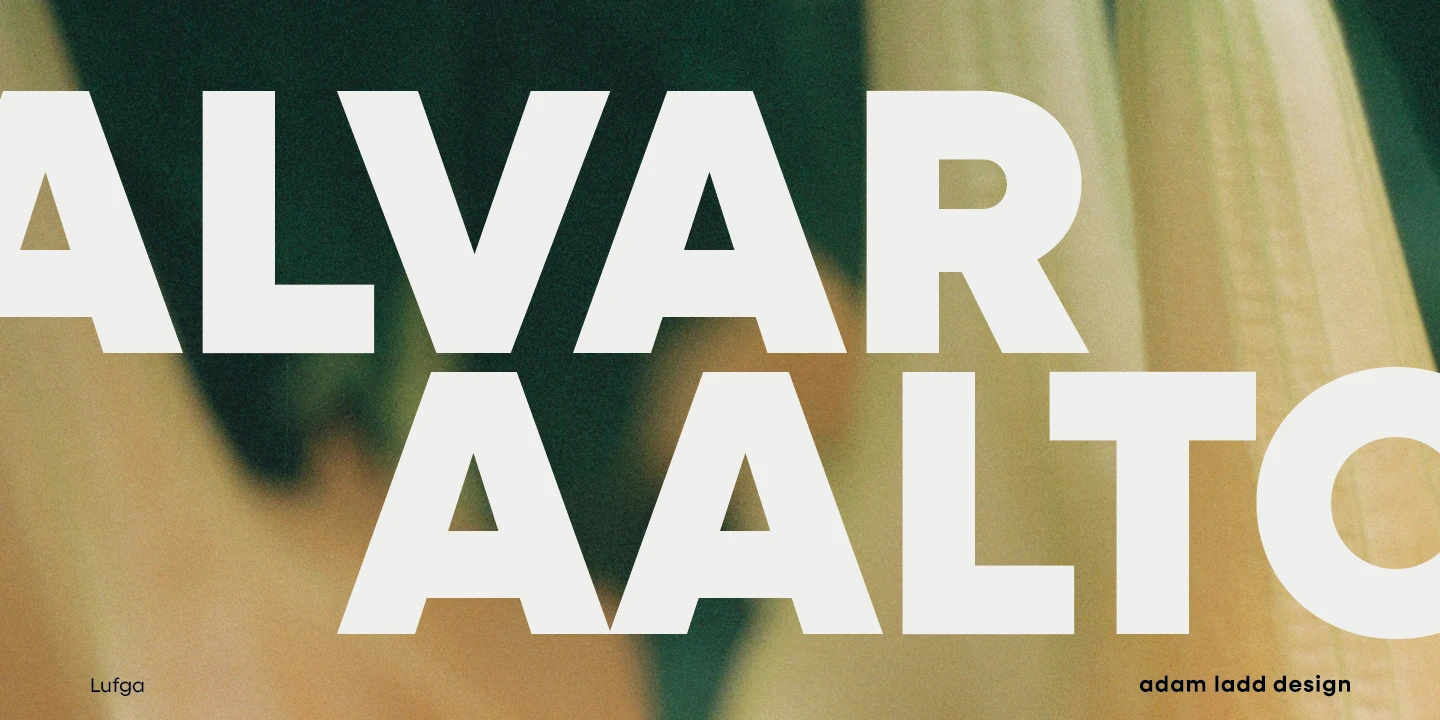 Lufga font by Adam Ladd Design — the words “ALVAR AALTO” in large, upright, sans serif capitals, with “Lufga” and “adam ladd design” in smaller sans serif letters below