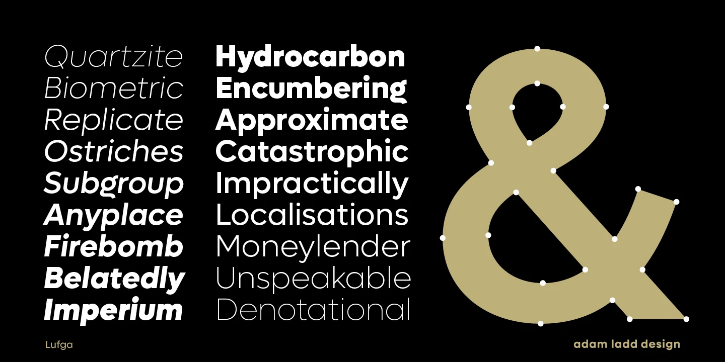 Lufga font by Adam Ladd Design — a large ampersand with white dots along its outline, next to two columns of sans serif words in varying weights and italics