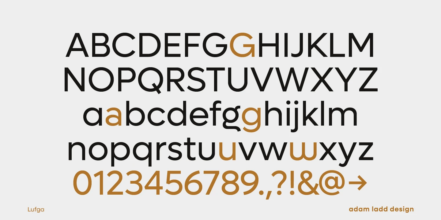 Lufga font by Adam Ladd Design — uppercase and lowercase sans serif alphabets in black, with alternate forms of G, a, g, u, and w in gold, and gold numerals and symbols including an arrow