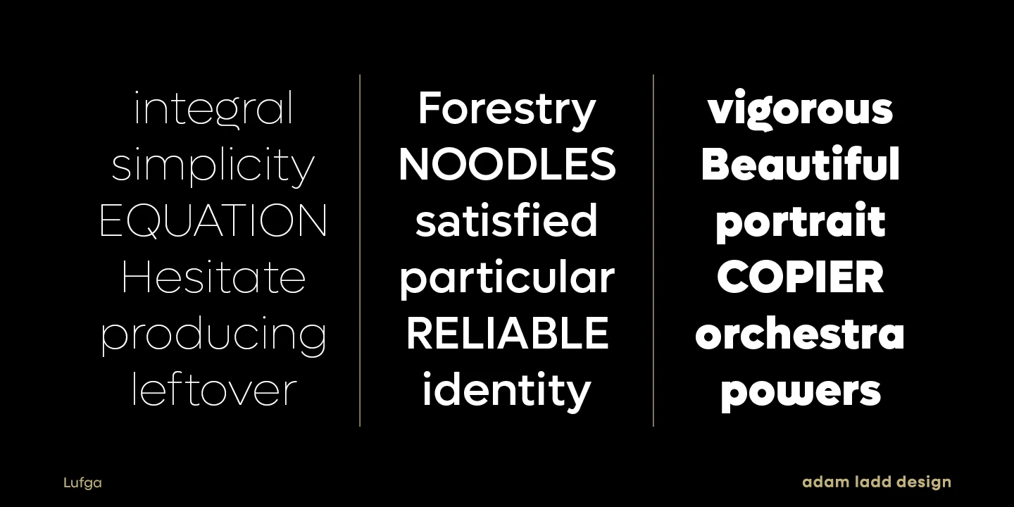 Lufga font by Adam Ladd Design — three columns of sans serif words in varying weights, including “integral,” “Forestry,” and “vigorous”