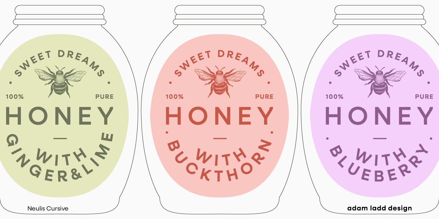 Neulis Cursive font by Adam Ladd Design — three honey jars with labels featuring a bee icon, the words “SWEET DREAMS”, “100% PURE HONEY”, and a flavor name like “GINGER & LIME” or “BUCKTHORN” set in a mix of sans serif and script-like upright letterforms.