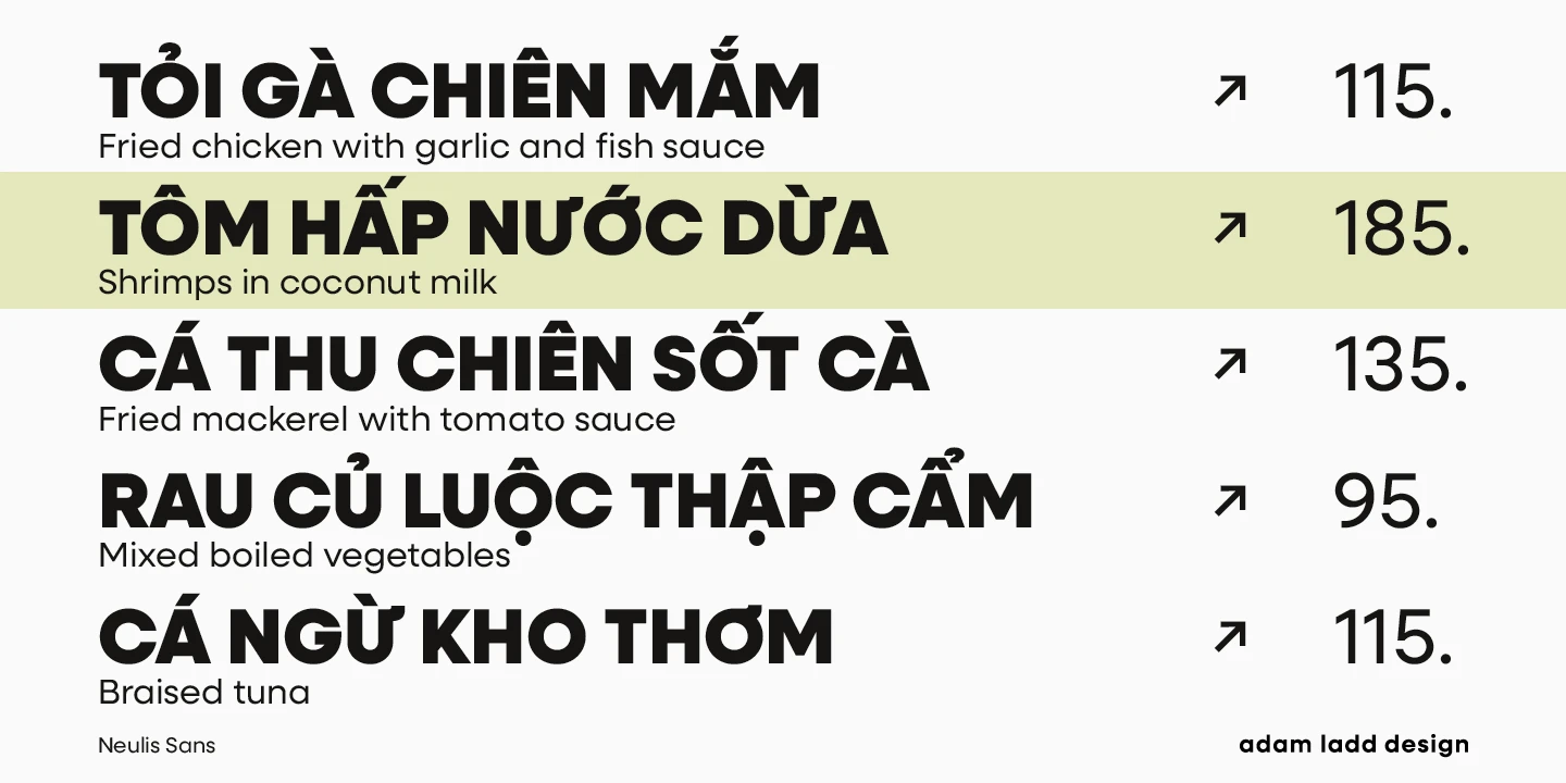 Neulis Sans font by Adam Ladd Design — a menu with five items in a sans serif, each with a Vietnamese name, an English description, an arrow icon, and a number, with the second item highlighted in green.
