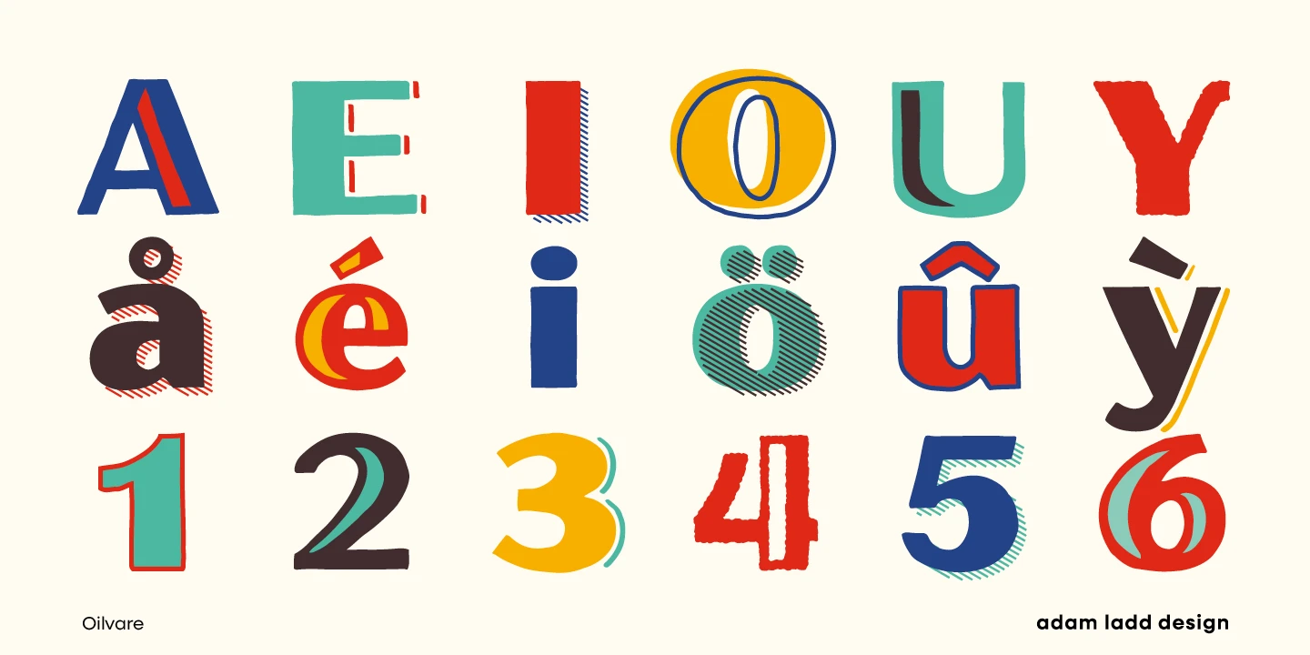 Oilvare font by Adam Ladd Design — the uppercase letters A, E, I, O, U, and Y, the lowercase letters with diacritics a-ring, e-acute, i-dot, o-umlaut, u-circumflex, and y-grave, and the numerals 1 through 6, all in a variety of solid, outlined, and striped styles.
