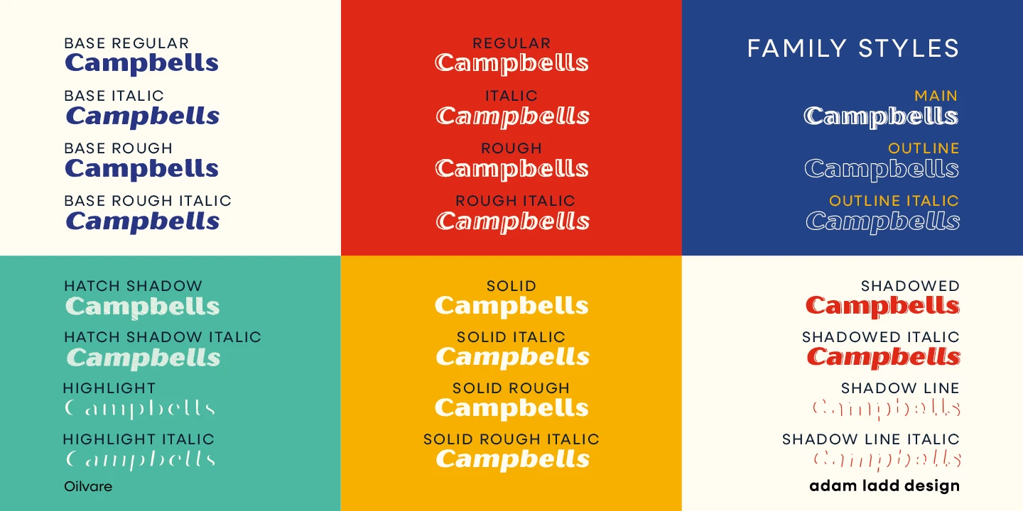 Oilvare font by Adam Ladd Design — the word “Campbells” shown in various sans serif styles, including upright, italic, rough, outline, solid, shadowed, and hatch shadow versions