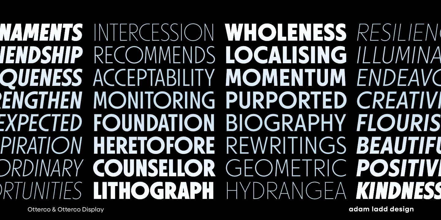 Otterco font by Adam Ladd Design — a grid of sans serif words in white and light blue, with some words upright and others italic, and some bold and others thin