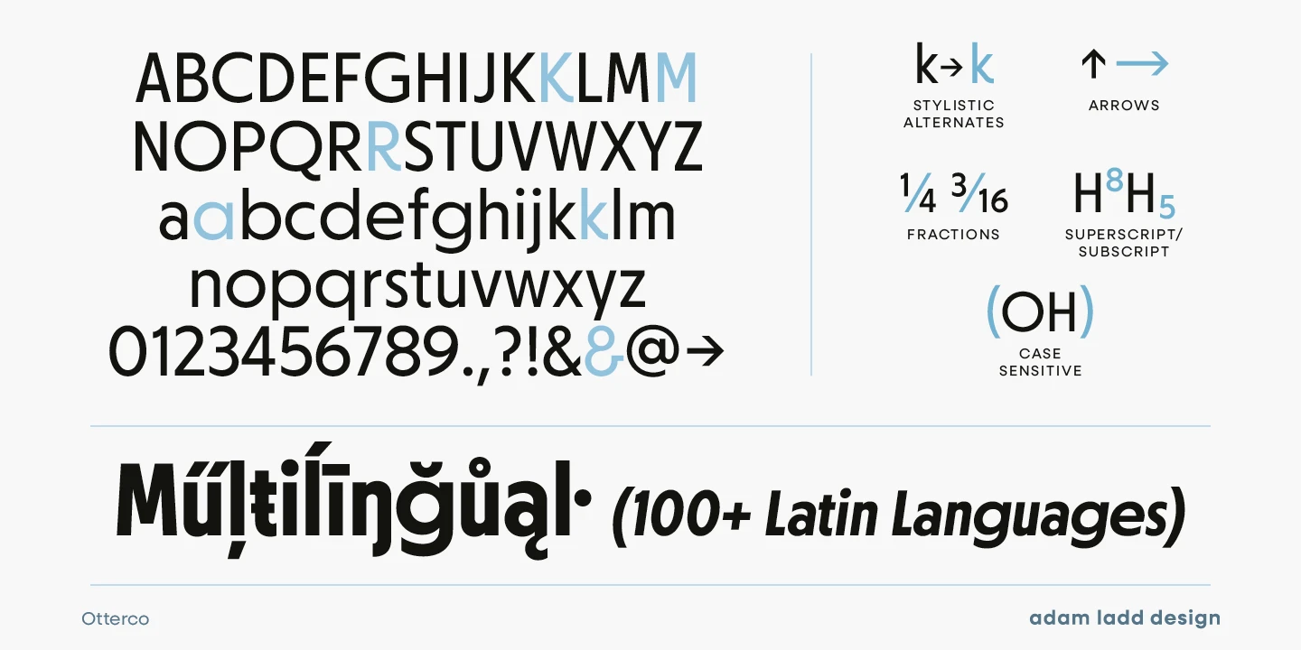Otterco font by Adam Ladd Design — a character set of upright sans serif letters, numbers, and symbols, with a few characters highlighted in light blue, and examples of stylistic alternates, arrows, fractions, superscript/subscript, and case-sensitive forms, plus the word “Multilingual” in a bold sans serif.