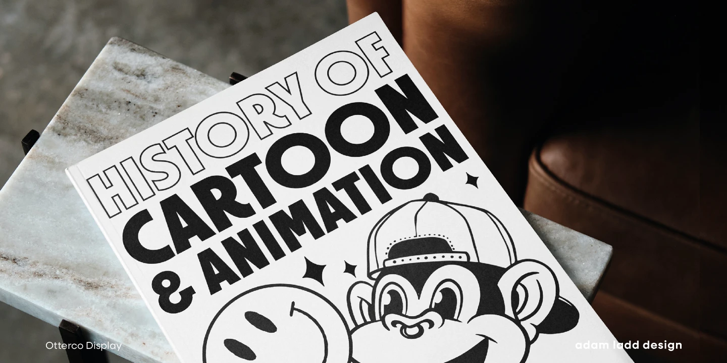 Otterco font by Adam Ladd Design — the words “HISTORY OF” in outline sans-serif, “CARTOON” in solid sans-serif, and "& ANIMATION” in solid sans-serif, with a cartoon monkey wearing a baseball cap and a smiling face icon.