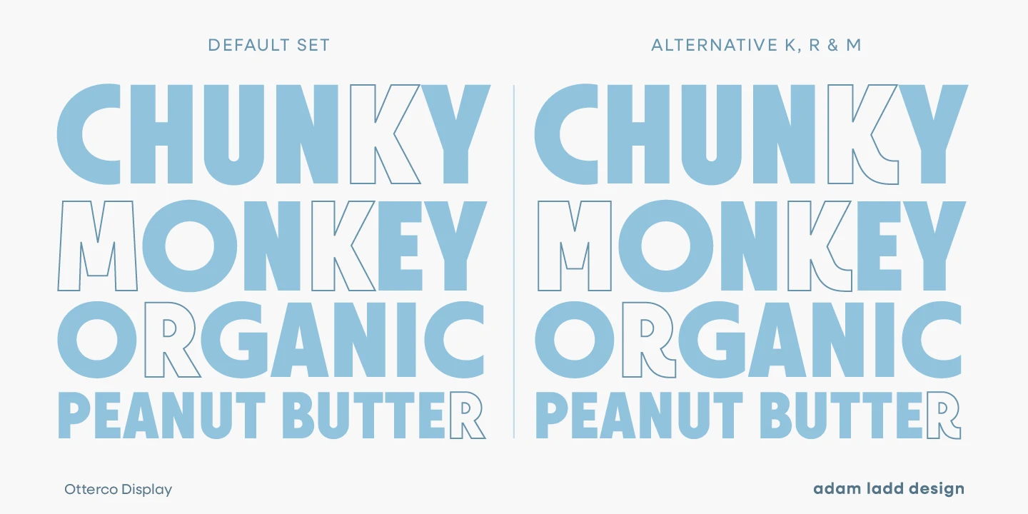 Otterco font by Adam Ladd Design — the words “CHUNKY MONKEY ORGANIC PEANUT BUTTER” in two columns, with some letters in solid blue and others as outlines, showing default and alternative letterforms.